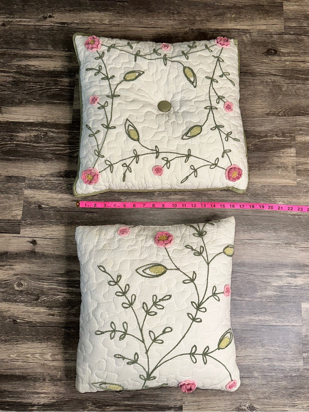 Set of 2 Reversible Floral Quilted Throw Pillows Embroidered Cottage Farm 16x16
